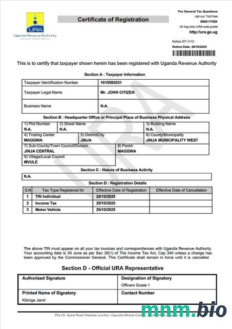 Uganda szablon Word i PDF certyfikatu rejestracji podatnika